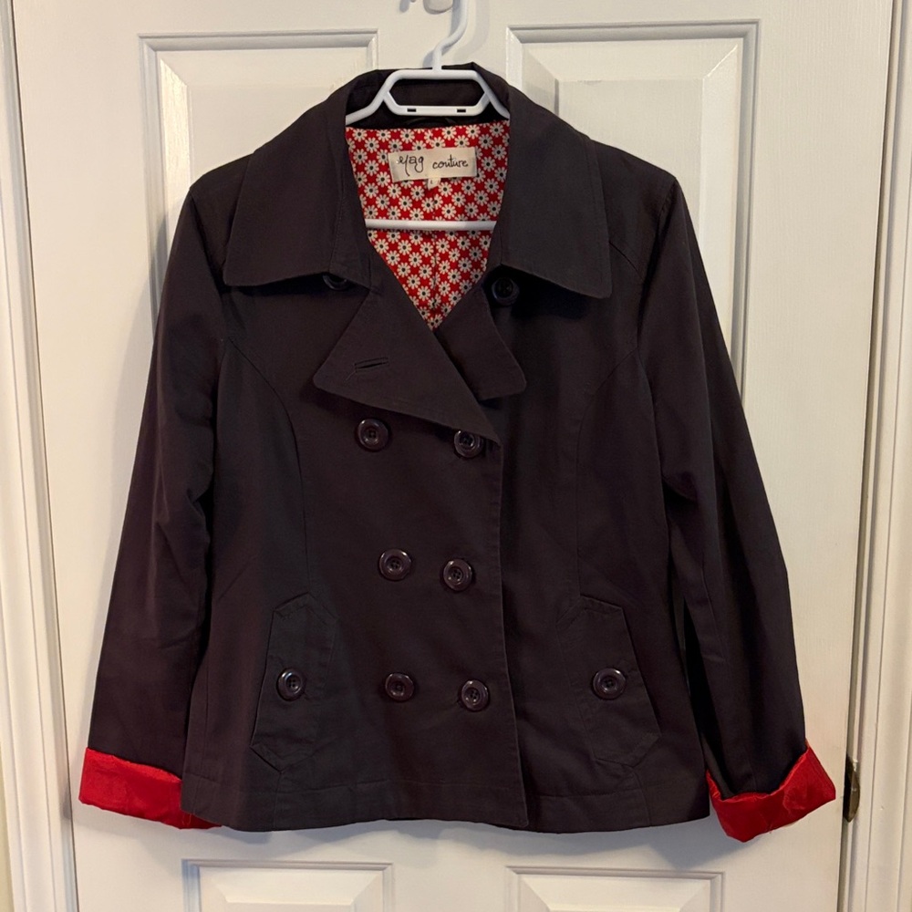 Yag Couture Charcoal Pea Coat with Scarlet Accents